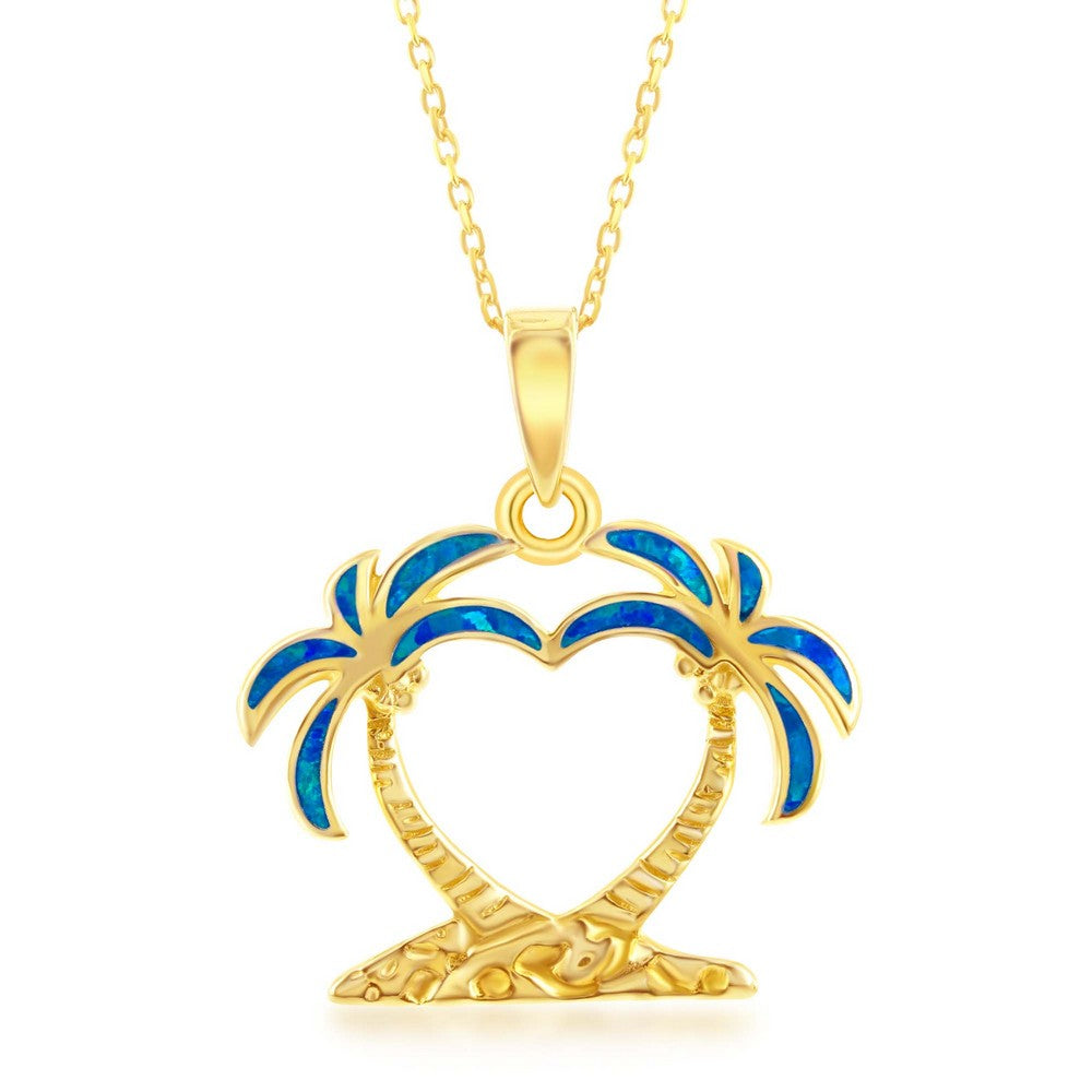 Sterling Silver, Blue Inlay Opal Two Palm Trees Pendant - Gold Plated