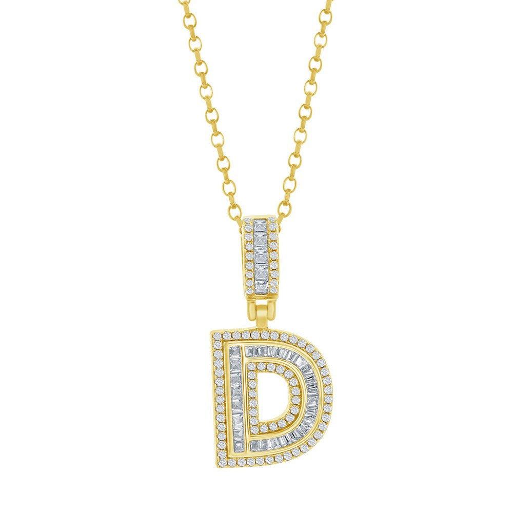 Sterling Silver, 'D' Baguette CZ Initial Pendant w/Chain - Gold Plated