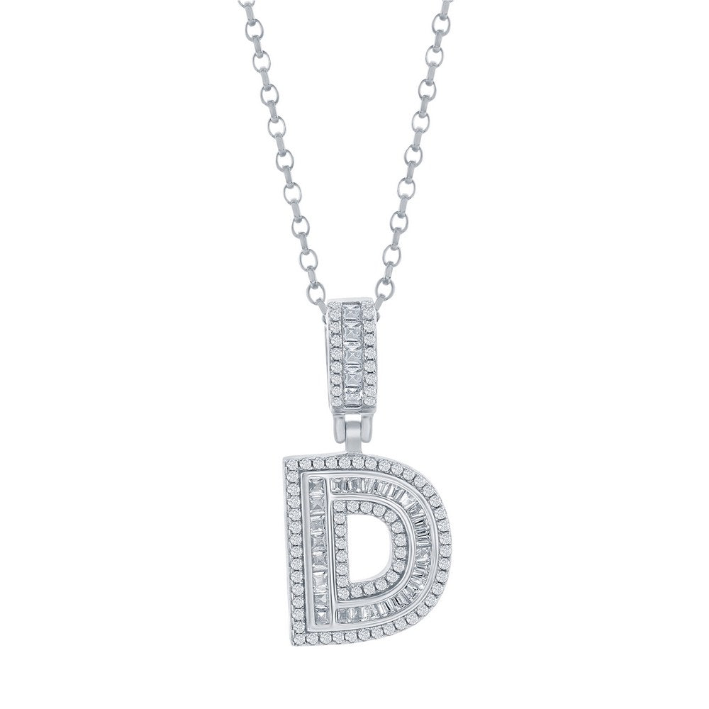 Sterling Silver, 'D' Baguette CZ Initial Pendant w/Chain