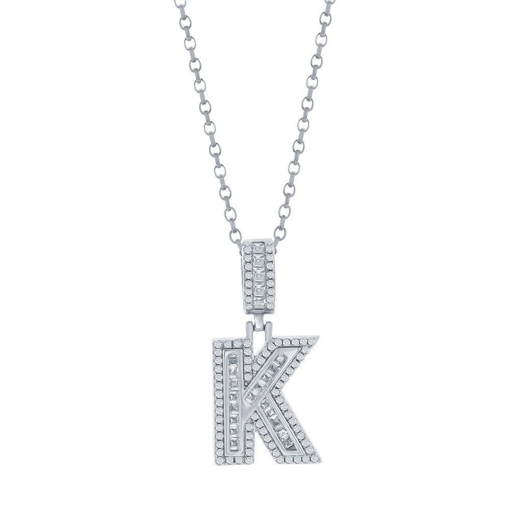 Sterling Silver 'K' Baguette CZ Initial Pendant w/Chain
