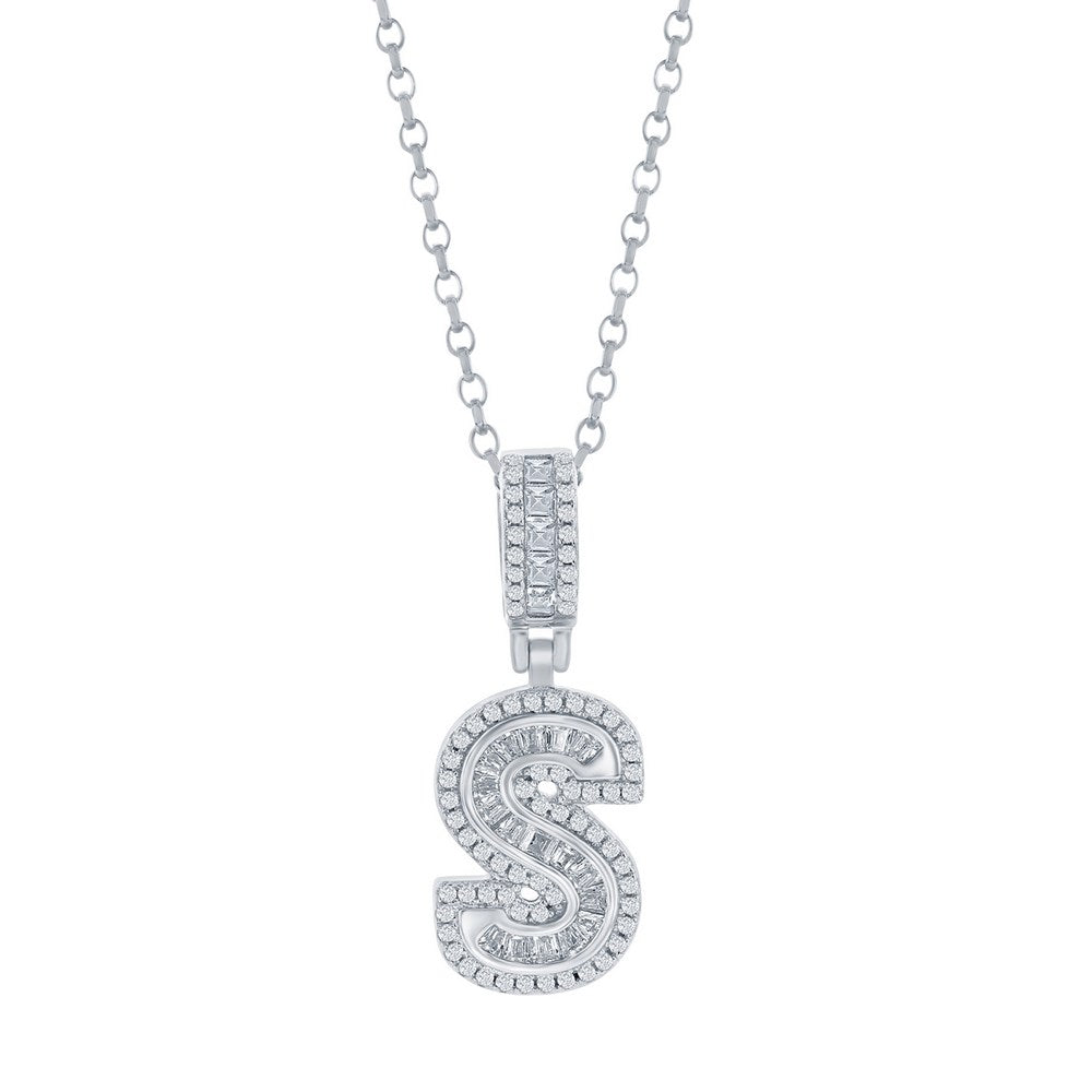 Sterling Silver 'S' Baguette CZ Initial Pendant w/Chain