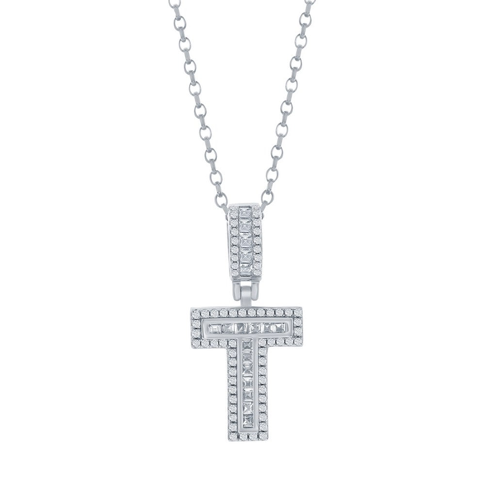 Sterling Silver 'T' Baguette CZ Initial Pendant w/Chain