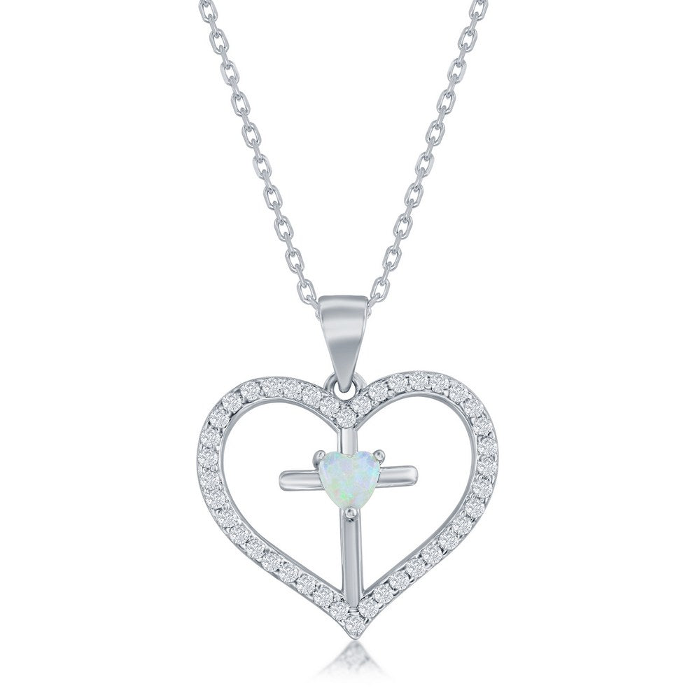 Sterling Silver, CZ Cross Heart Pendant - White Opal
