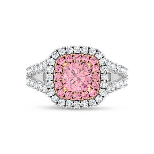 14K Two Tone Lab Grown Diamond 2 1/2 Ct.Tw. Pink Cushion Engagement Ring (Center 2 ct)