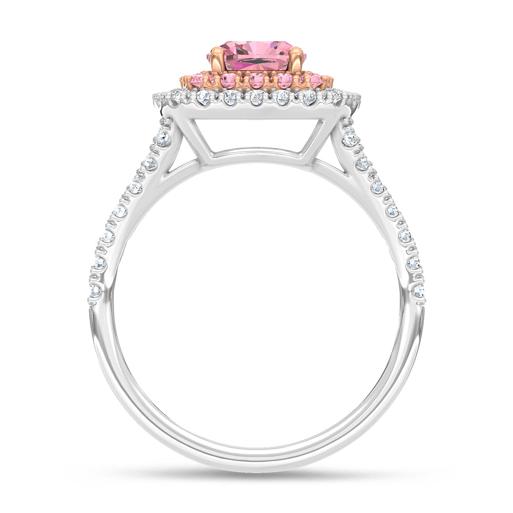 14K Two Tone Lab Grown Diamond 2 1/2 Ct.Tw. Pink Cushion Engagement Ring (Center 2 ct)