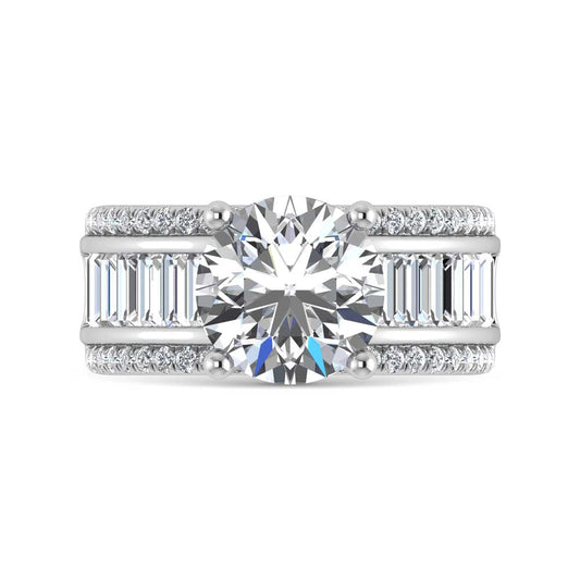14K White Gold Lab Grown Diamond 4 1/3 Ct.Tw. Round and Baguette Shank Engagement Ring (IGI Certified Center 3ct)