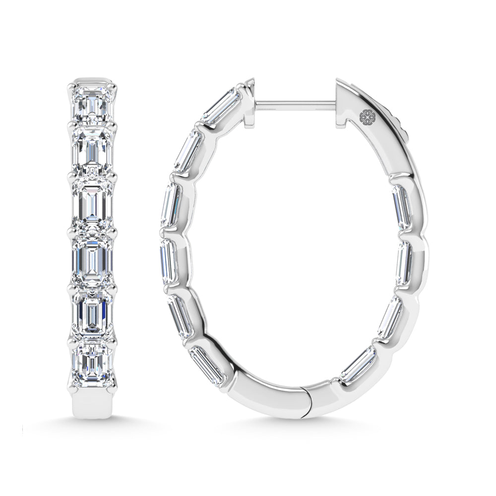 14K White Gold 4 Ct.Tw. Lab Grown Diamond Vertical Emerald Shape In and Our Hoop Earrings