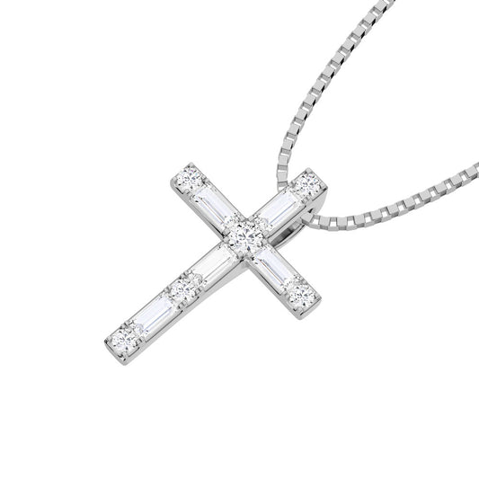 10K White Gold Lab Grown Diamond 1/4 Ct.Tw. Round and Baguette Cross Pendant