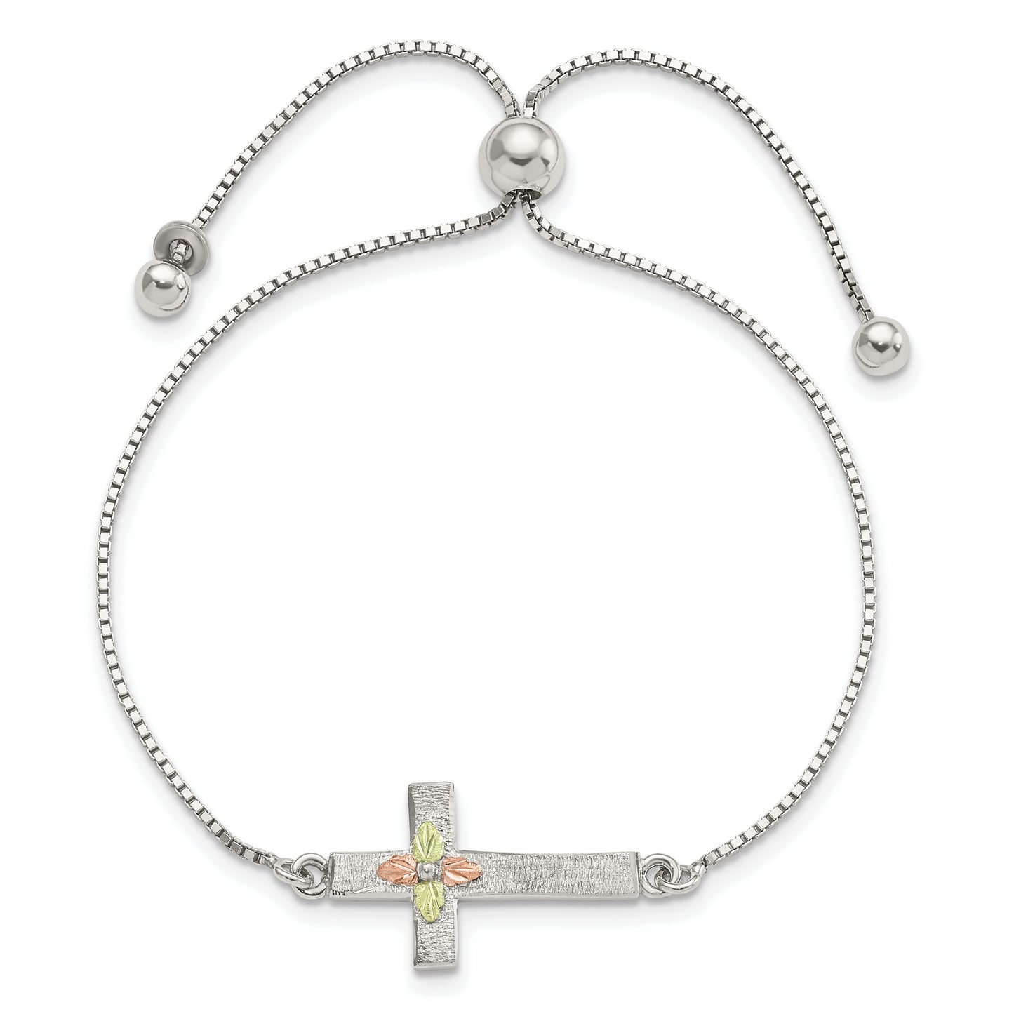 Sterling Silver Rhod-pltd w/12K Accents Cross Adjustable Bracelet