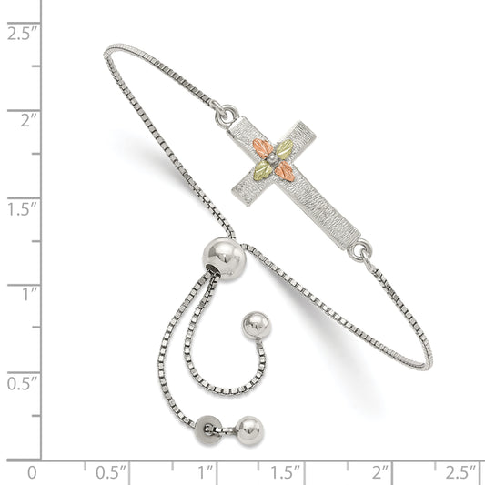 Sterling Silver Rhod-pltd w/12K Accents Cross Adjustable Bracelet