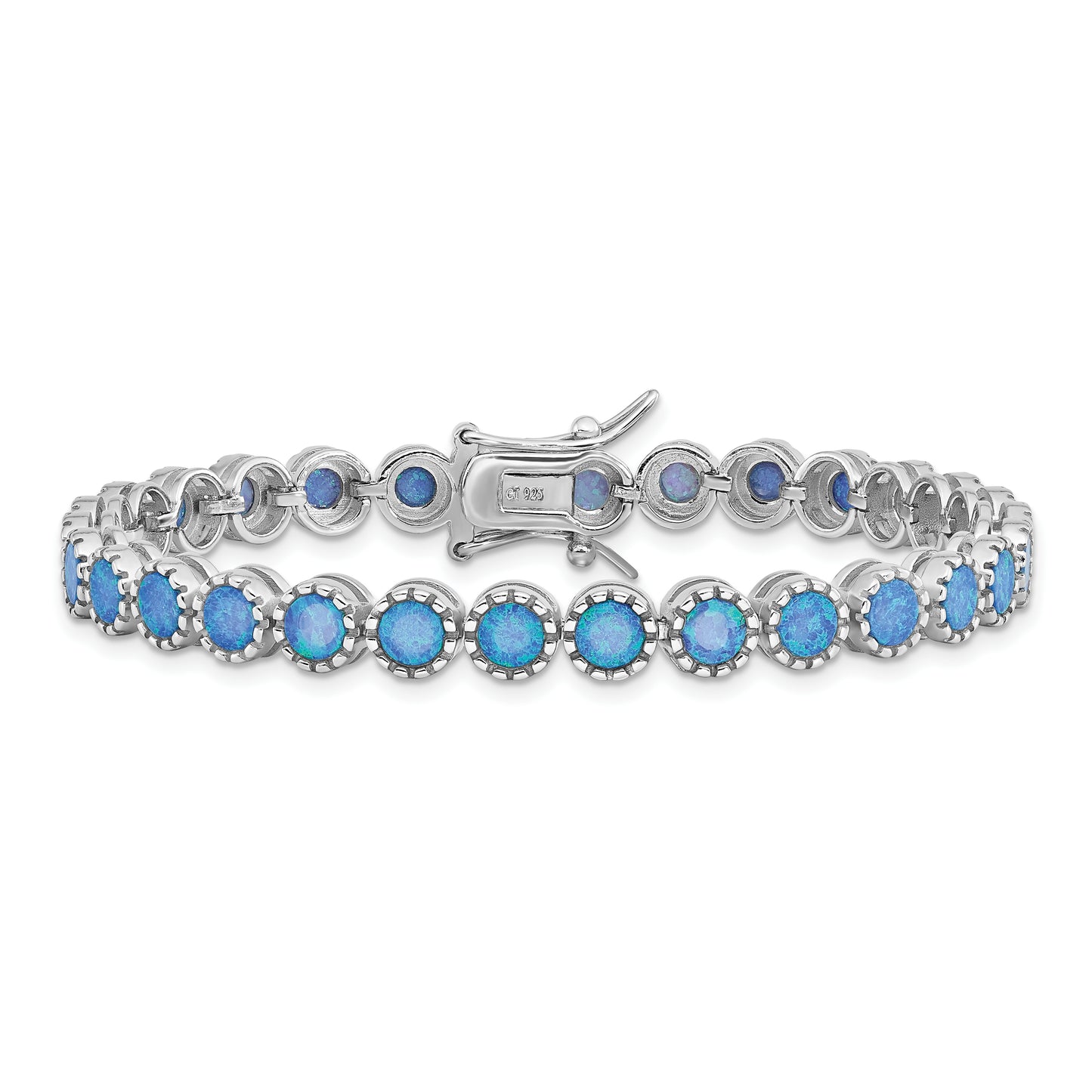 Sterling Silver Rhodium-plated Beaded Blue Created Opal Inlay Bracelet