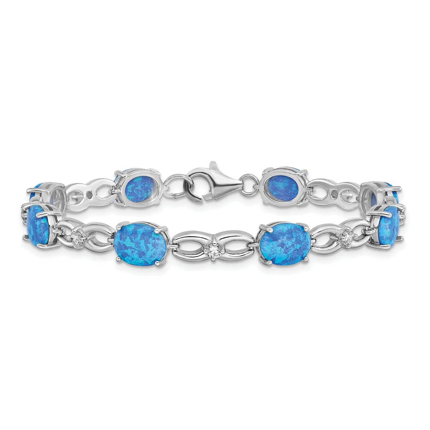 Sterling Silver Rhodium-plated Polished Blue Created Opal & CZ Bracelet