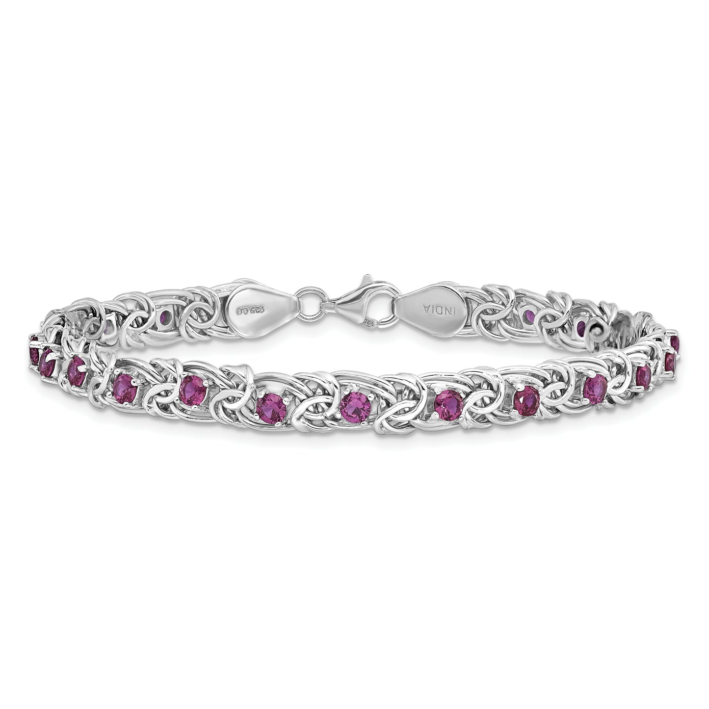 Sterling Silver Rhodium-plated Dark Pink Glass Flat Link 7.5in Bracelet
