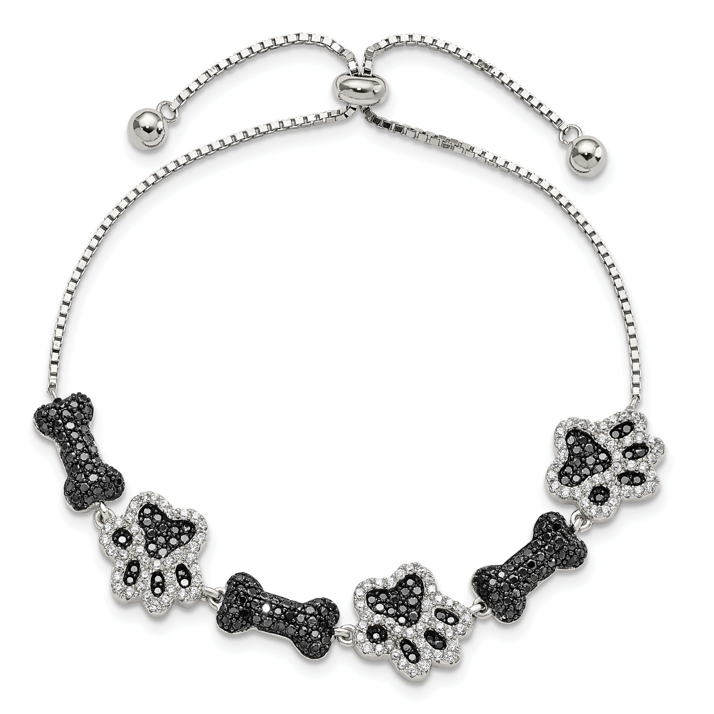Sterling Silver Rhodium-plated CZ Paw Print & Dog Bone Adj Bracelet