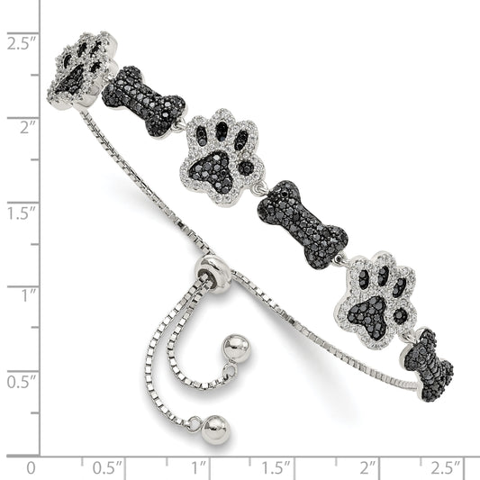 Sterling Silver Rhodium-plated CZ Paw Print & Dog Bone Adj Bracelet