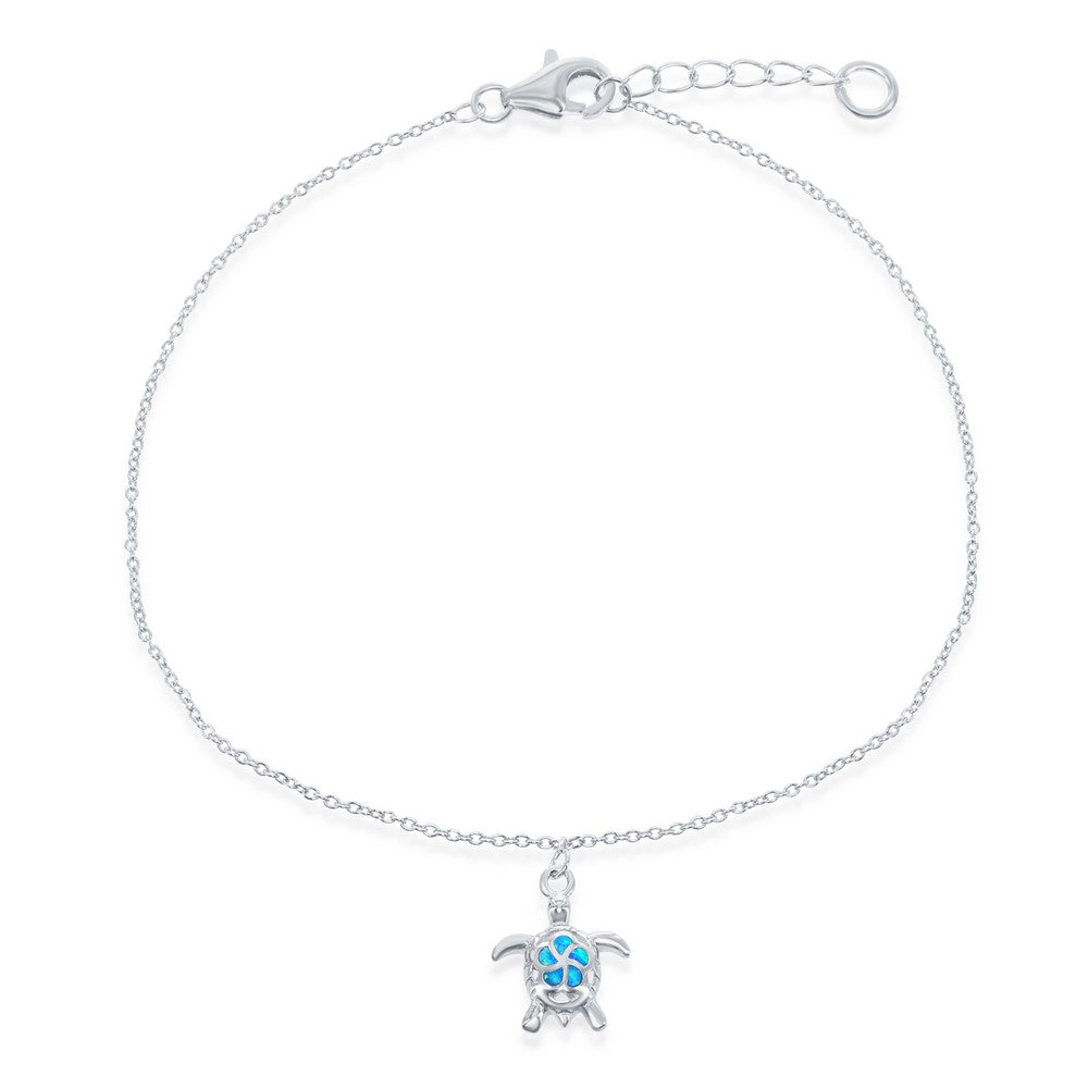 Sterling Silver, Blue Inlay Opal Turtle Anklet