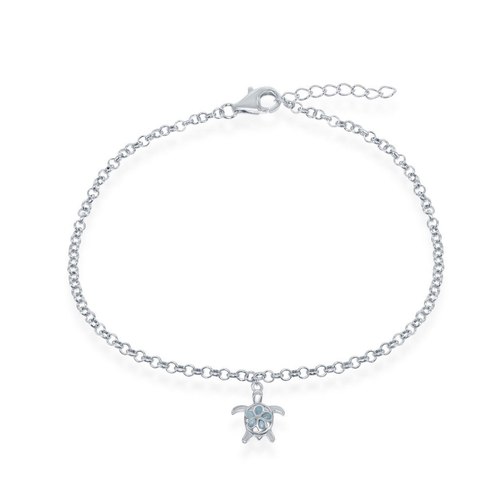 Sterling Silver, Larimar Turtle Anklet