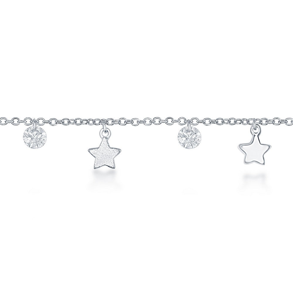 Sterling Silver Alternating Cubic Zirconia with Shiny & Matte Stars Anklet