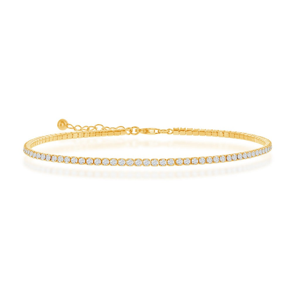 Sterling Silver, 2mm CZ Tennis Anklet - Gold Plated