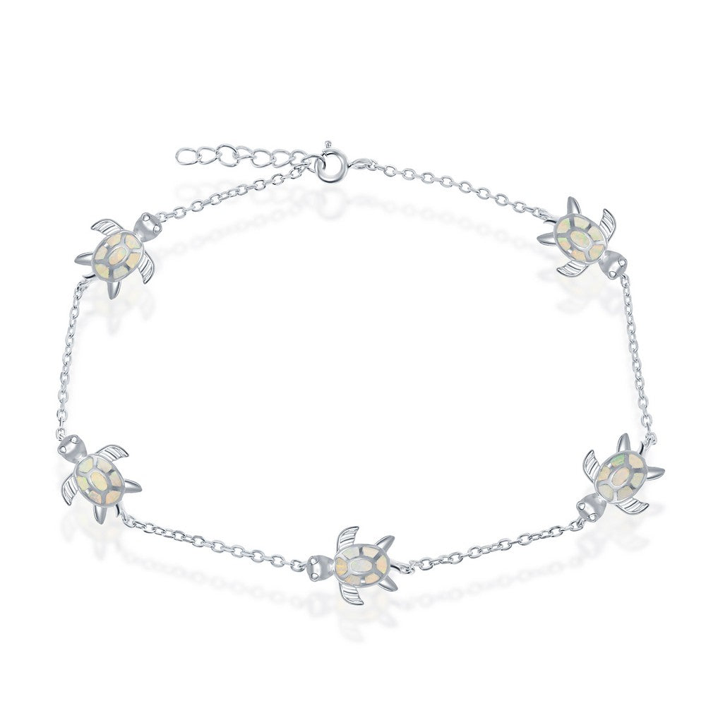 Sterling Silver, Opal Turtle Anklet - White Opal
