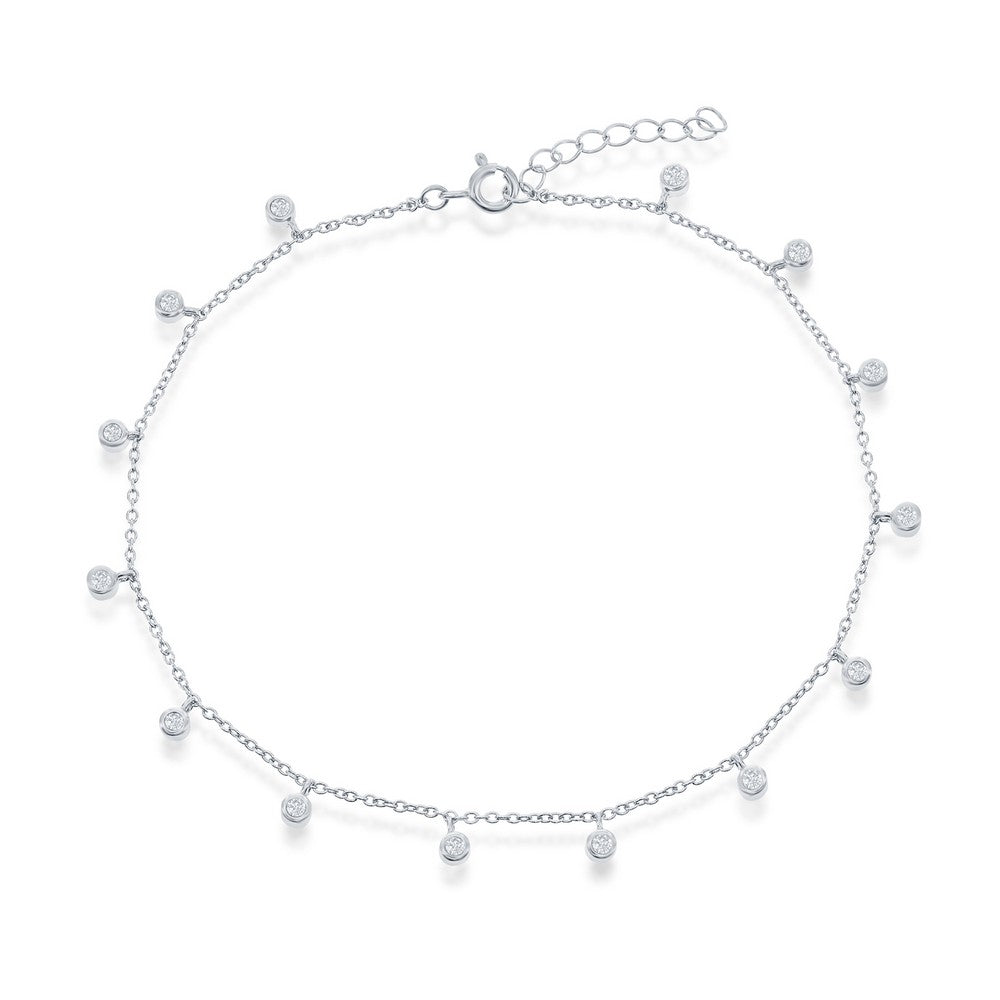 Sterling Silver, Bezel-Set CZ Charms Anklet