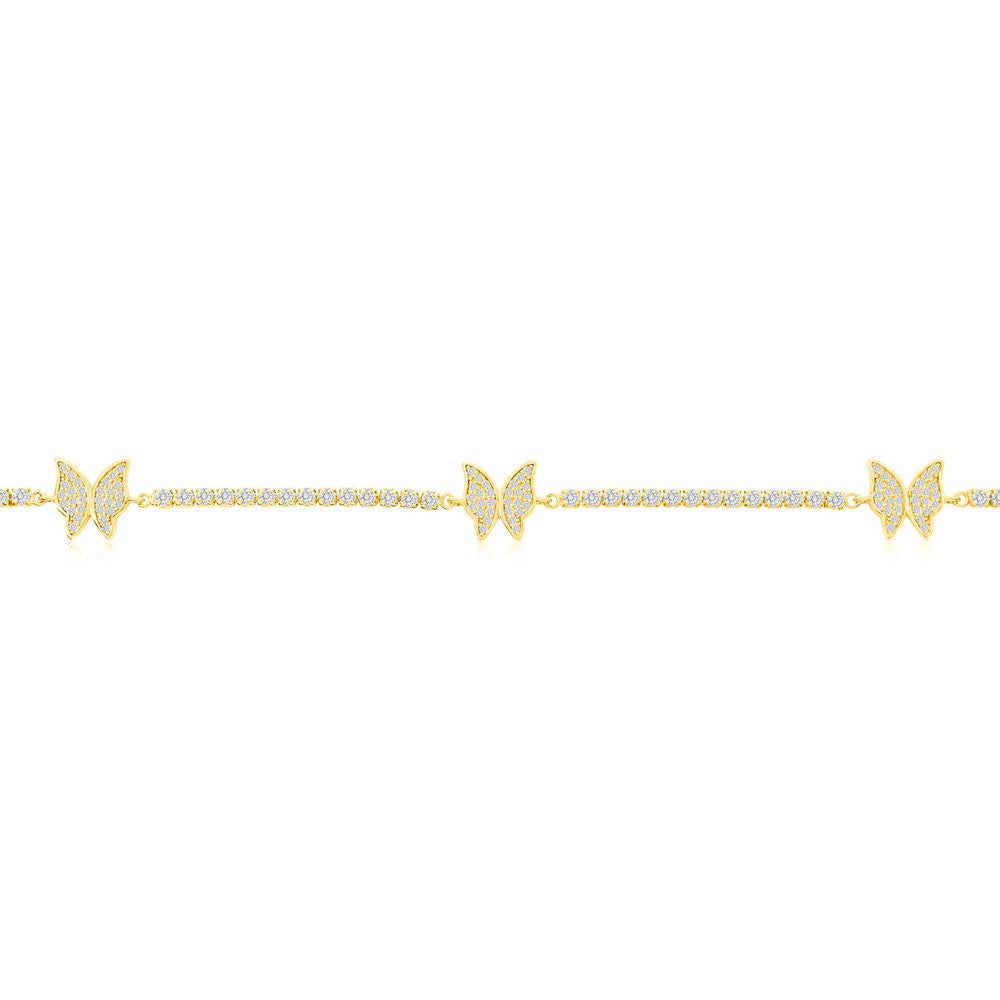 Sterling Silver, Butterfly CZ Tennis Anklet - Gold Plated