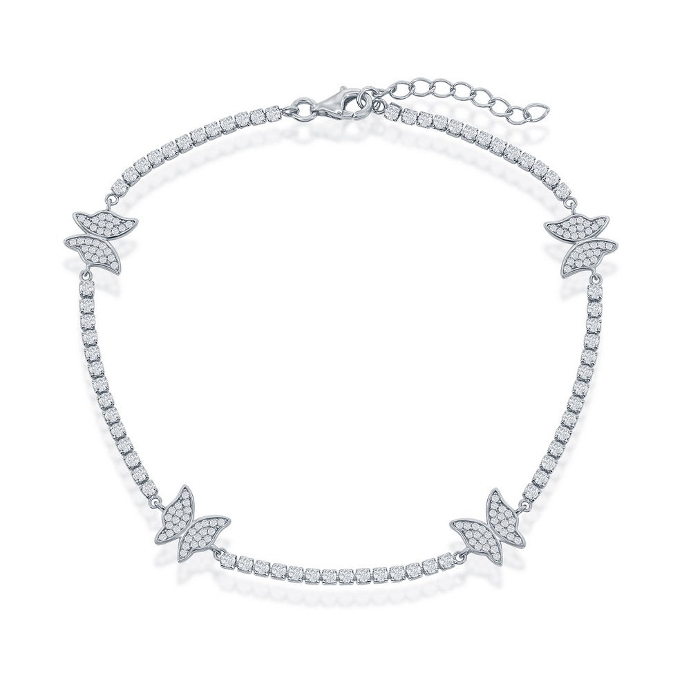 Sterling Silver, Butterfly CZ Tennis Anklet