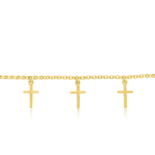 Sterling Silver, Cross Charms Rolo Chain Anklet - Gold Plated