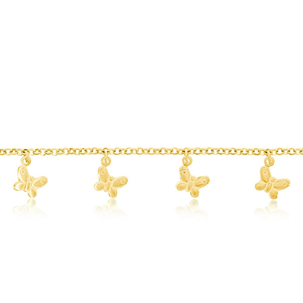 Sterling Silver, Butterfly Charm Rolo Chain Anklet - Gold Plated
