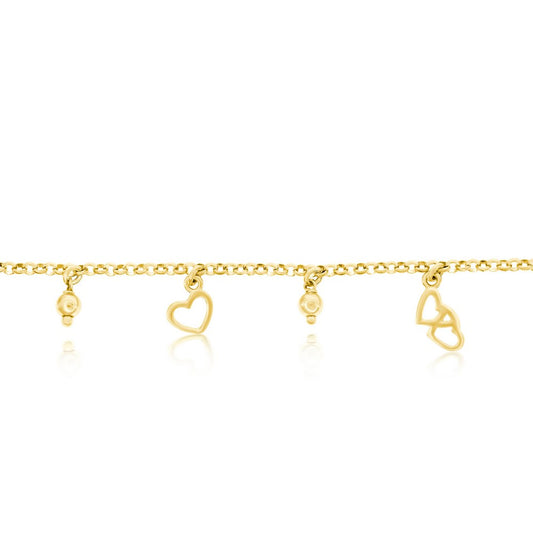 Sterling Silver, Hearts & Beads Charms Rolo Chain Anklet - Gold Plated