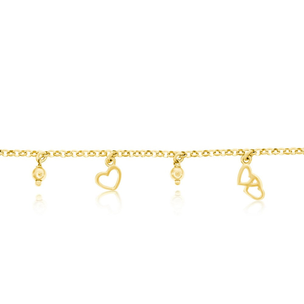 Sterling Silver, Hearts & Beads Charms Rolo Chain Anklet - Gold Plated