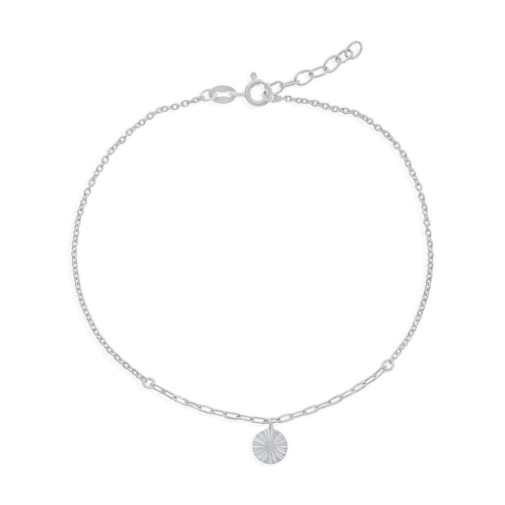 Sterling Silver Round Lined Charm Anklet