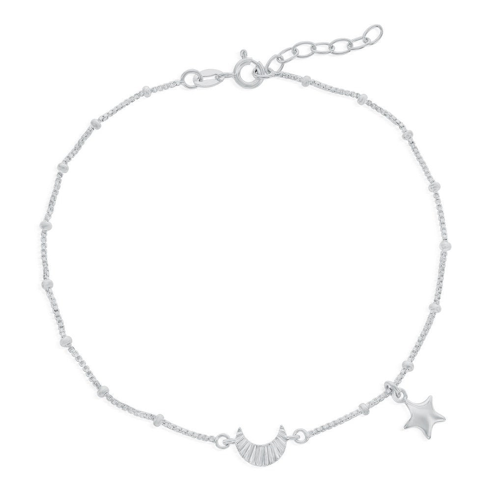 Sterling Silver Crescent Moon & Star Beaded Anklet