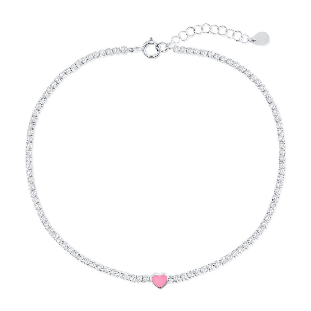 Sterling Silver, Enamel Heart, CZ Tennis Anklet - Pink