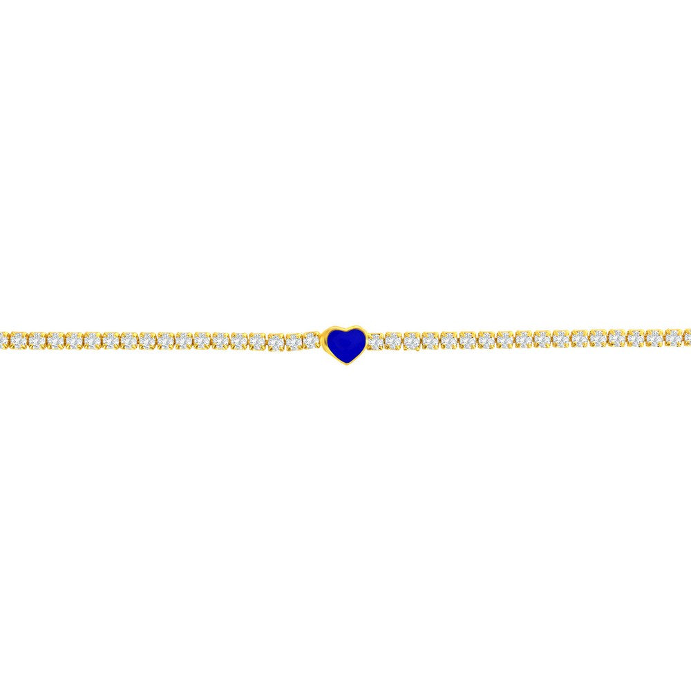 Sterling Silver, Enamel Heart, CZ Tennis Gold Plated Anklet - Blue