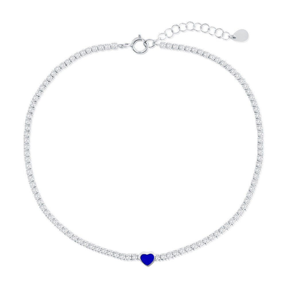 Sterling Silver, Enamel Heart, CZ Tennis Anklet - Blue