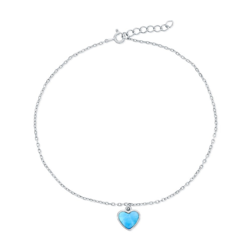 Sterling Silver, Larimar Heart Charm Anklet