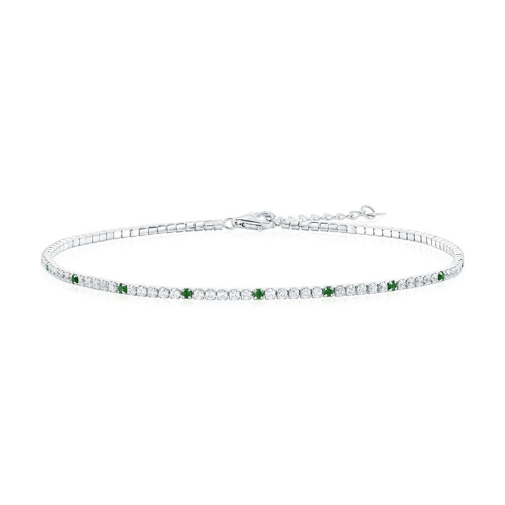 Sterling Silver, Round CZ Tennis Anklet - Emerald