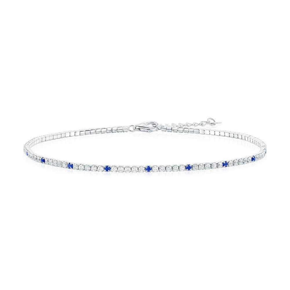 Sterling Silver, Round CZ Tennis Anklet - Sapphire