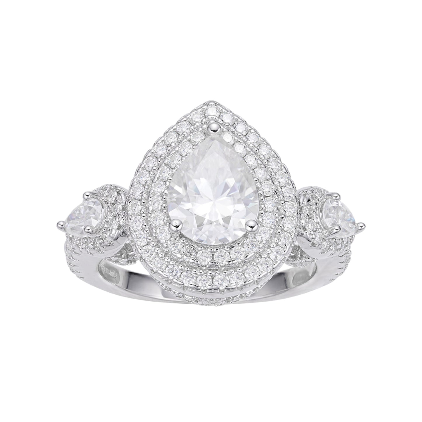 S.Silver Round shape 1.14 Cttw and Pear shape 2.76 Cttw Moissanite Halo Designer Sz 7 Womens Ring RP