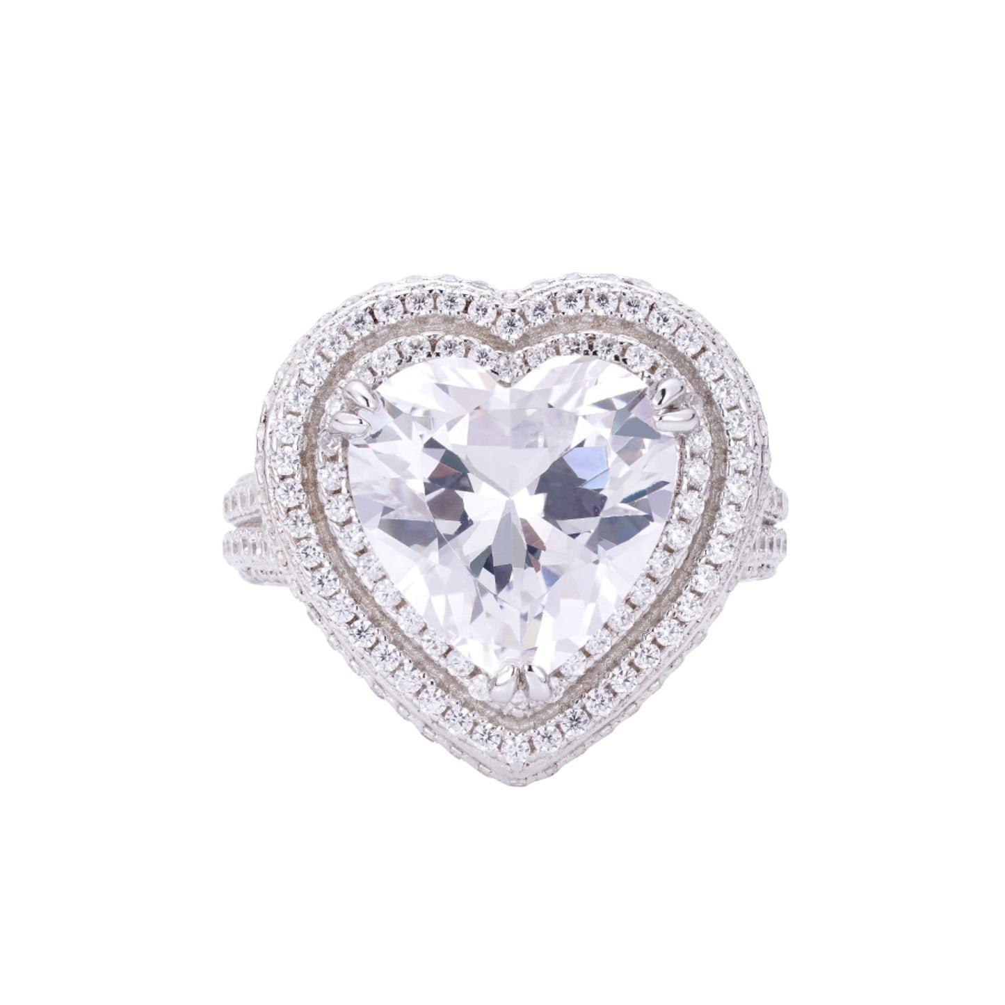 S.Silver Round 1.49 Cttw and Heart 6.06 Cttw Moissanite Halo Designer Sz 7 Womens Ring RP