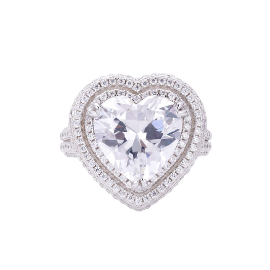 S.Silver Round 1.49 Cttw and Heart 6.06 Cttw Moissanite Halo Designer Sz 7 Womens Ring RP