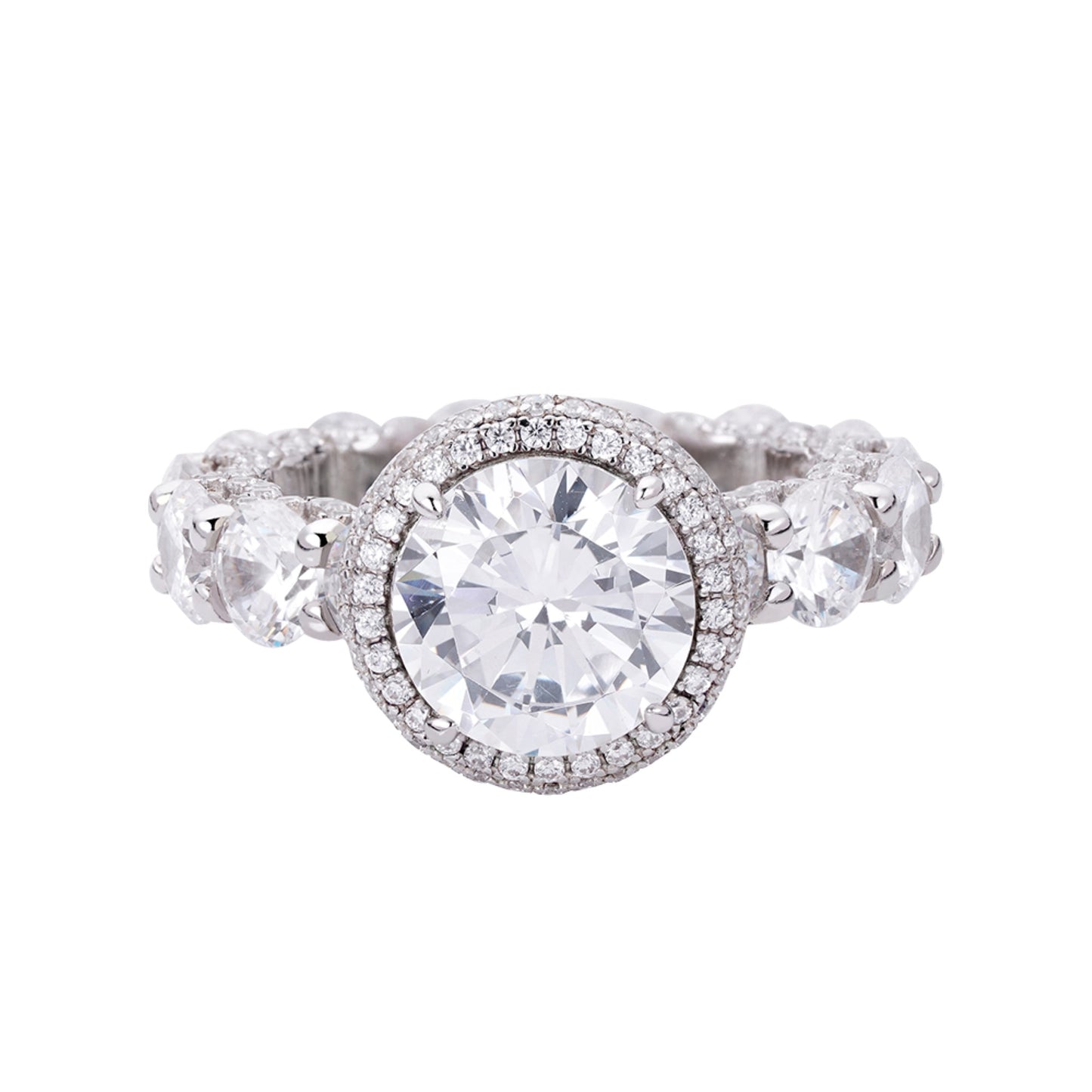 S.Silver 10mm Round Big Stone 4 CT, Baguette Stone 4.33 Cttw and Round Small Stone 1.15 Cttw Moissanite Halo Designer Sz 7 Womens Ring RP