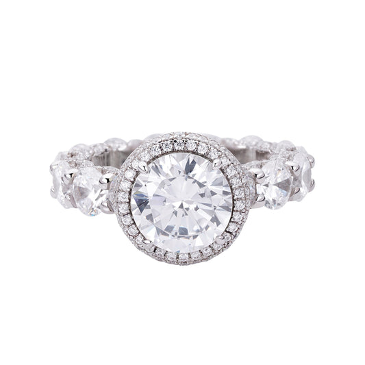 S.Silver 10mm Round Big Stone 4 CT, Baguette Stone 4.33 Cttw and Round Small Stone 1.15 Cttw Moissanite Halo Designer Sz 7 Womens Ring RP