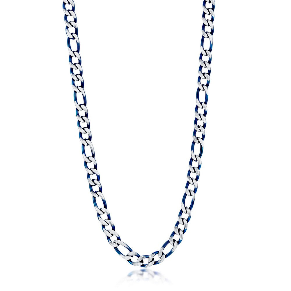 Stainless Steel 7mm Figaro Chain Necklace - Brushed & Blue IP Plated