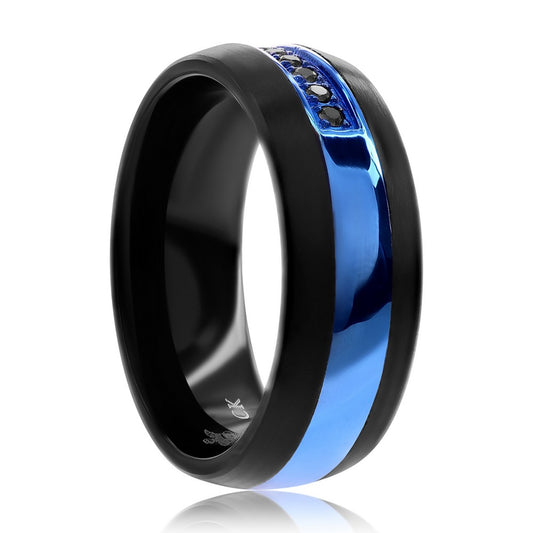 Black & Blue Tungsten CZ Ring