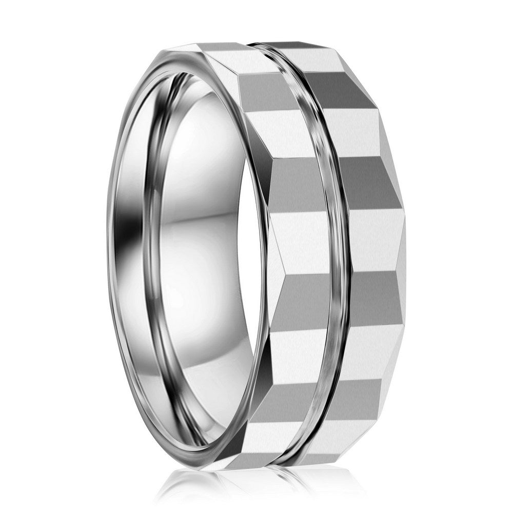 High Polished Lined Faceted Tungsten Ring