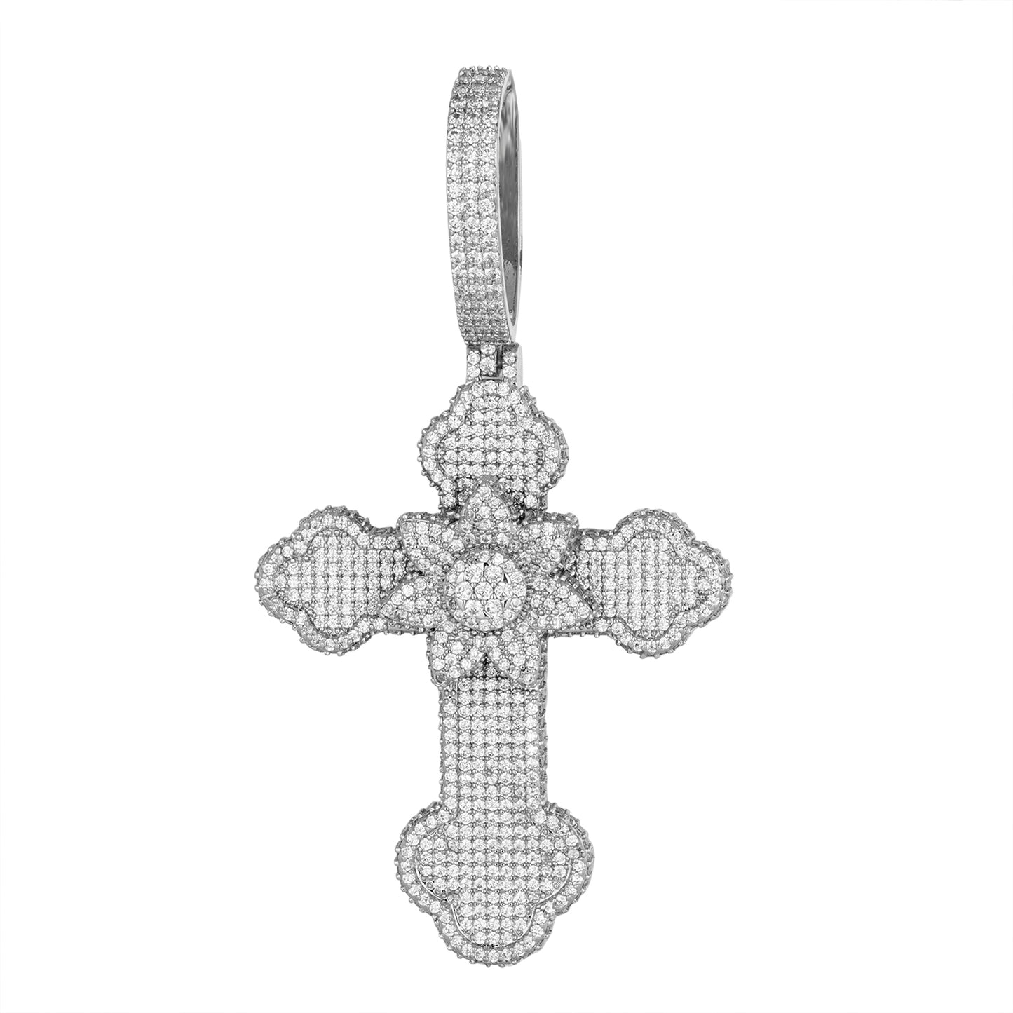 Sterling Silver Round Moissanite Flower Cross Religious Pendant RP 5-1/2 Cttw