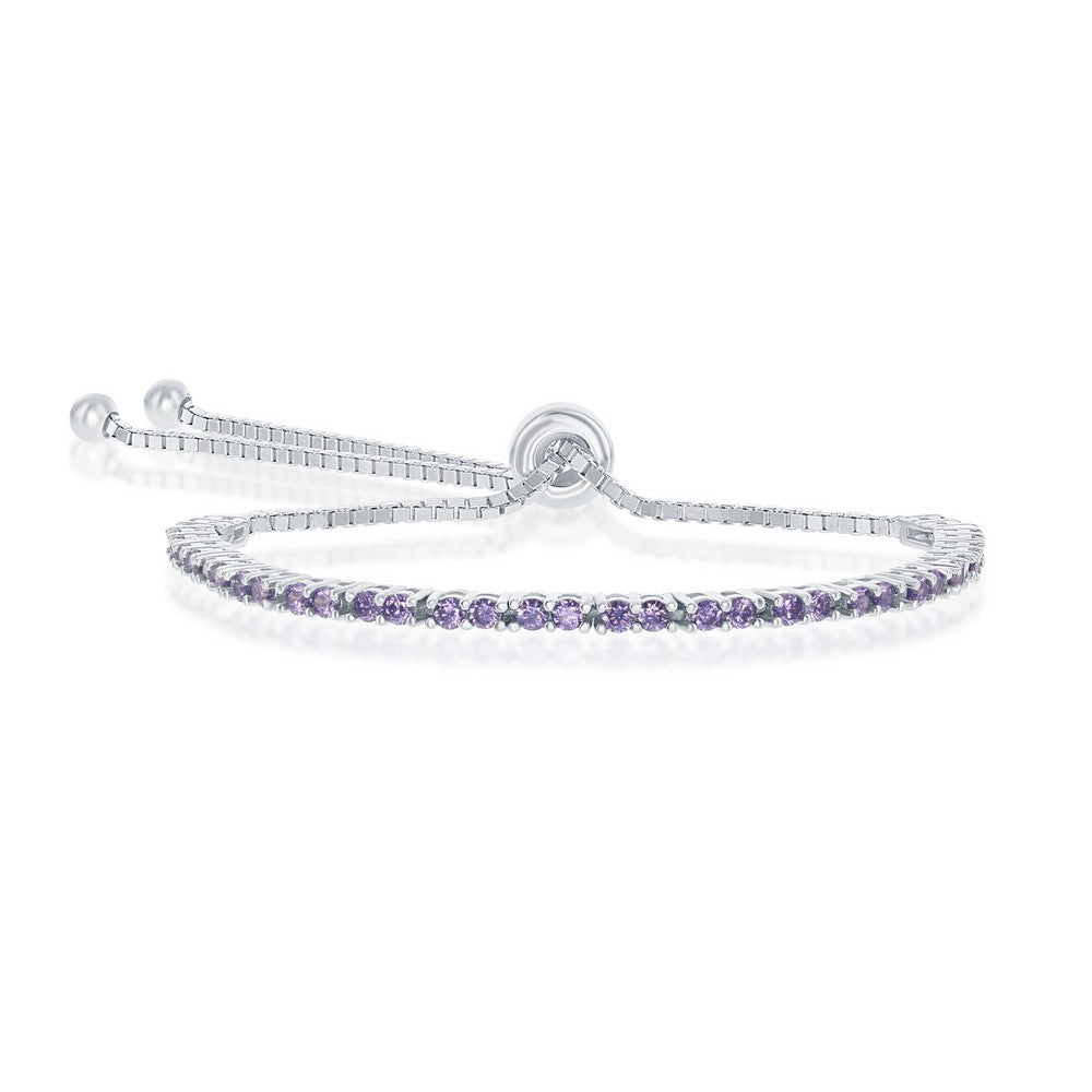Sterling Silver, 2MM Amethyst CZ 'February Birthstone' Tennis Adjustable Bolo Bracelet