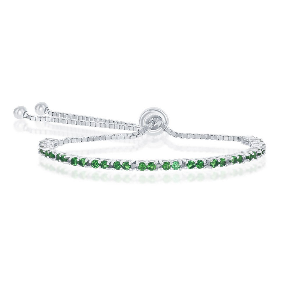 Sterling Silver, 2MM Green CZ 'May Birthstone' Tennis Adjustable Bolo Bracelet